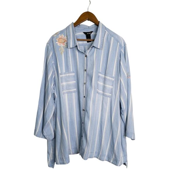 Ali Miles Embroidered Striped Button Front Tunic Top Womens 3X Chambray Blue Rol - Picture 1 of 12